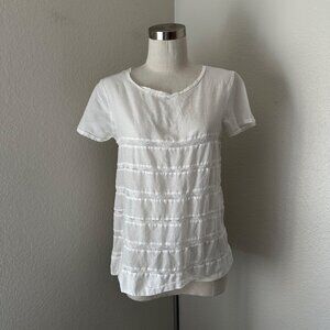 Sezane Boho White Short Sleeve Tiered Lace Trimmed Cotton Blouse Keyhole Back Mi